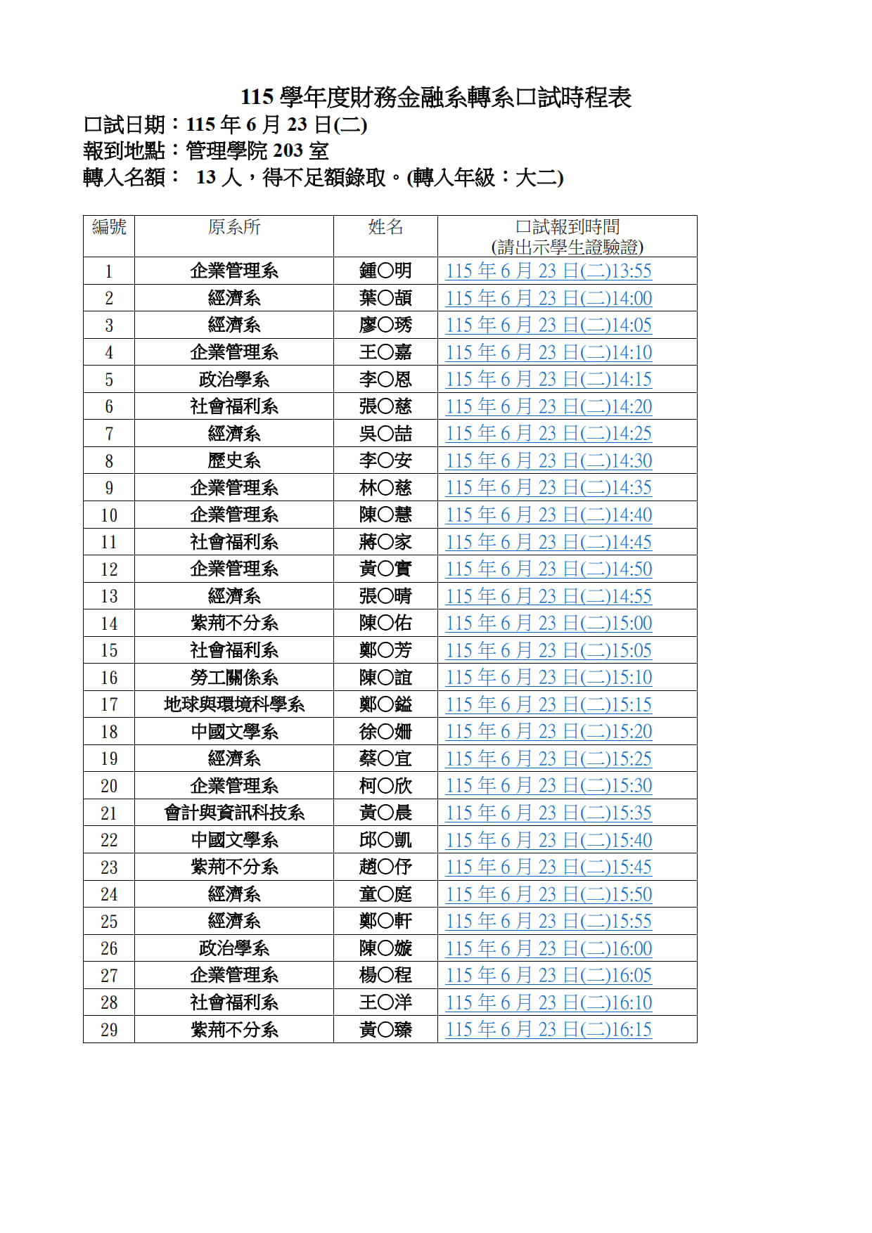 115學年轉系口試時程 115學年轉系口試時程